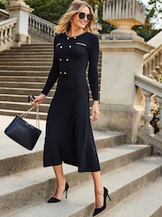 Sosandar Black Button & Chain Detail Fit & Flare Knitted Dress - Image 1 of 5