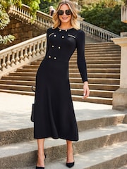 Sosandar Black Button & Chain Detail Fit & Flare Knitted Dress - Image 3 of 5