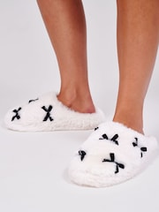 Loungeable Faux Fur Velvet Bow Slippers - Obraz 2 z 4