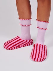 Loungeable Pink Stripe Cosy Borg Slippers - Image 2 of 5