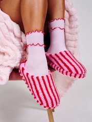 Loungeable Pink Stripe Cosy Borg Slippers - Image 3 of 5