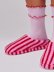 Loungeable Pink Stripe Cosy Borg Slippers - Image 4 of 5