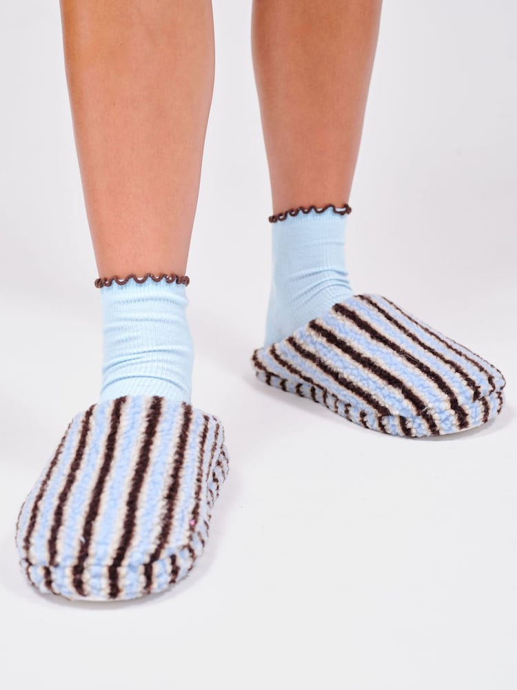 Loungeable Blue Stripe Cosy Borg Slippers - Image 1 of 4