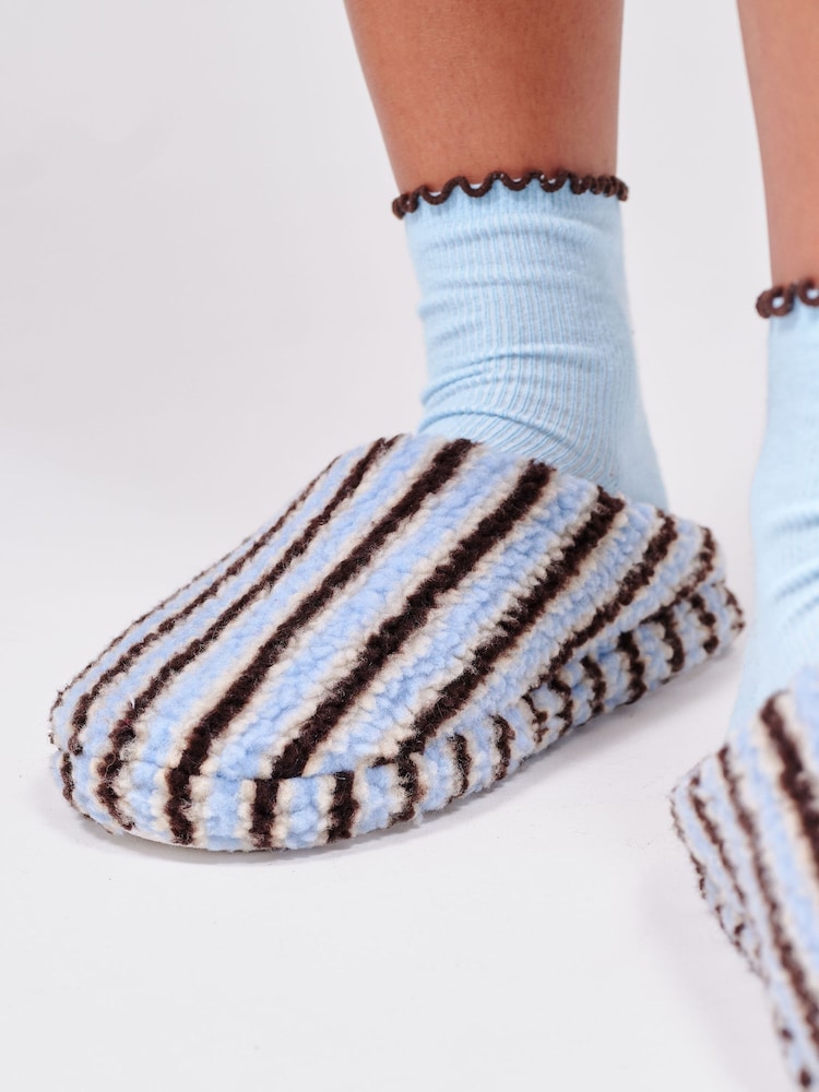Loungeable Blue Stripe Cosy Borg Slippers - Image 4 of 4