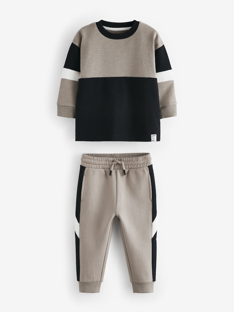 Neutral/Black 100% Cotton Long Sleeve Soft Touch T-Shirt and Joggers Set (3mths-7yrs) - Image 1 of 3