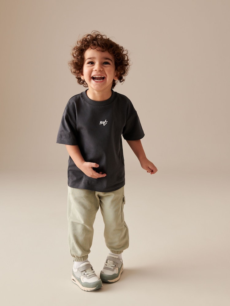 Charcoal Grey/Sage Green Short Sleeve 100% Cotton T-Shirt and Utility Joggers Set (3mths-7yrs) - Image 1 of 8