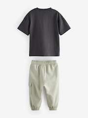 Charcoal Grey/Sage Green Short Sleeve 100% Cotton T-Shirt and Utility Joggers Set (3mths-7yrs) - Image 6 of 8