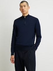 Tumši zils - River Island Slim Fit džemperis ar pusrāvējslēdzēju - Attēls 2 no 4