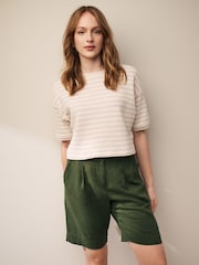 Khaki Green Linen Blend Knee Length Shorts - Image 1 of 5