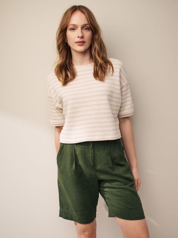 Khaki Green Linen Blend Knee Length Shorts - Image 1 of 5