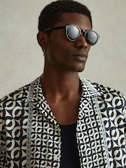 Reiss Lapis Blue Prentice Geometric Print Cuban Collar Shirt - Image 1 of 6
