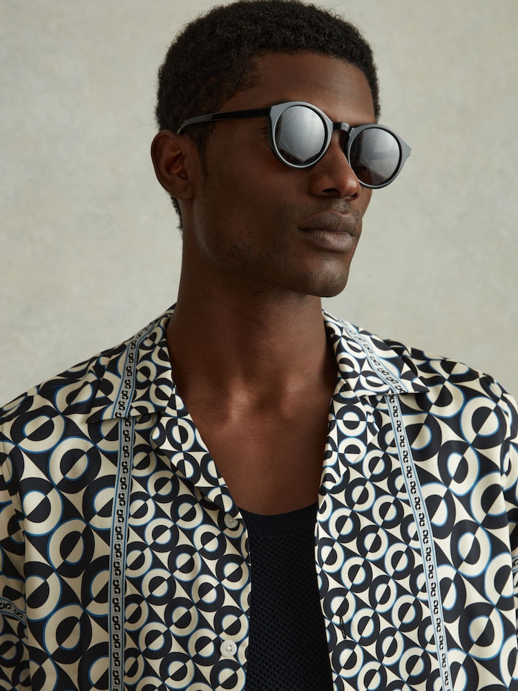 Reiss Lapis Blue Prentice Geometric Print Cuban Collar Shirt - Image 1 of 6