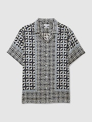Reiss Lapis Blue Prentice Geometric Print Cuban Collar Shirt - Image 2 of 6