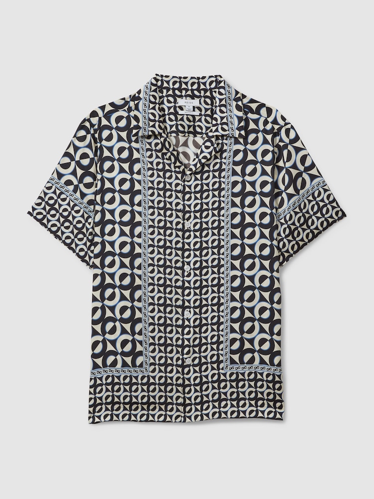 Reiss Lapis Blue Prentice Geometric Print Cuban Collar Shirt - Image 2 of 6