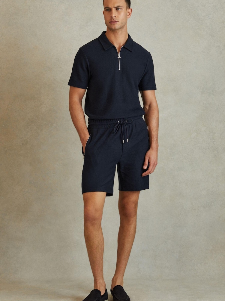 Reiss Navy Hester Textured Cotton Drawstring Shorts - Image 1 of 6 Reiss Navy Hester Textured Cotton Drawstring Shorts - Image 1 of 6