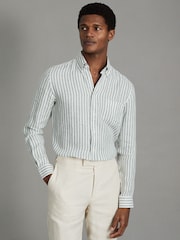Reiss Sage Bengal Stripe Queens 100% Linen Button-Down Collar Shirt - Image 1 of 6