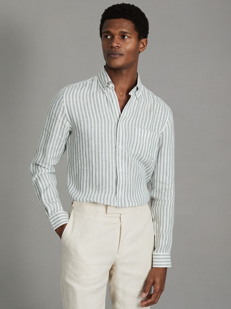 Reiss Sage Bengal Stripe Queens 100% Linen Button-Down Collar Shirt - Image 1 of 6