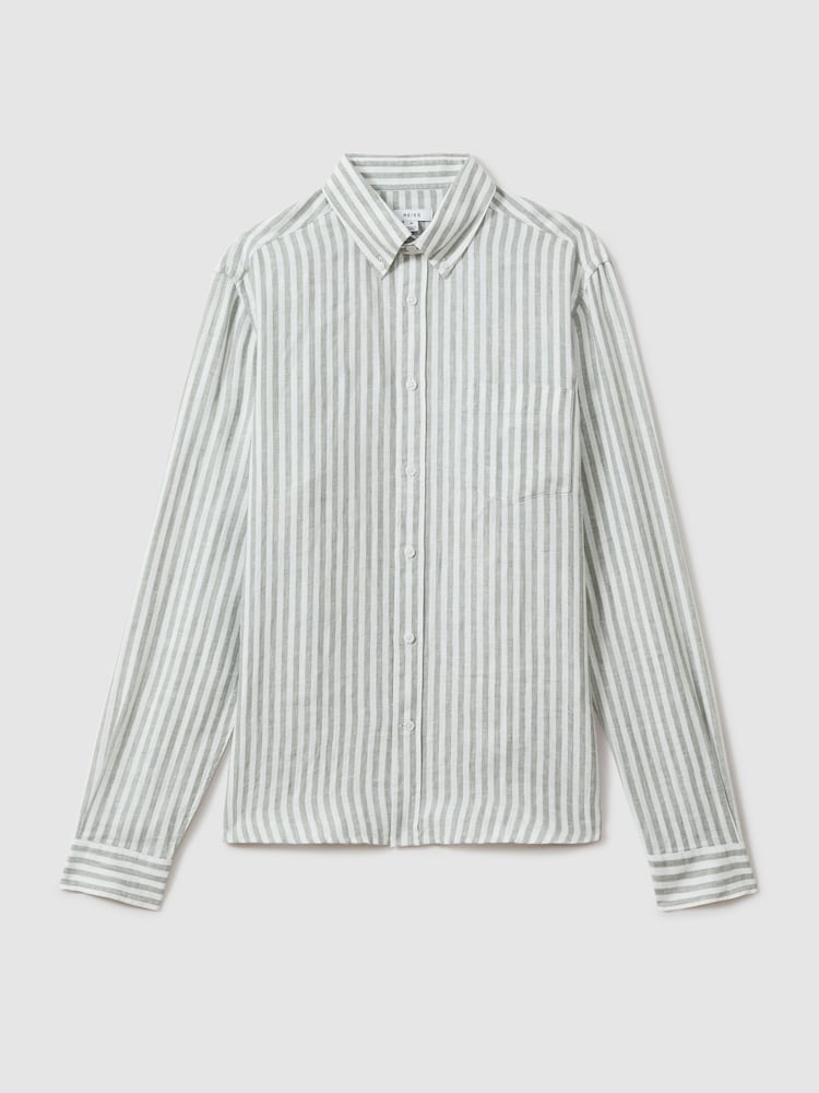 Reiss Sage Bengal Stripe Queens 100% Linen Button-Down Collar Shirt - Image 2 of 6
