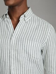Reiss Sage Bengal Stripe Queens 100% Linen Button-Down Collar Shirt - Image 4 of 6