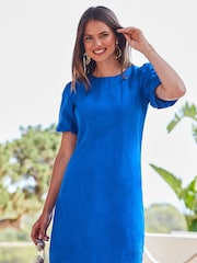 Sosandar Blue Linen Puff Sleeve Shift Dress - Image 3 of 5