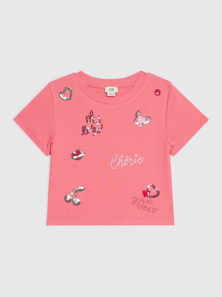 River Island Pink Sequin Embroidered T-Shirt - Image 1 of 4