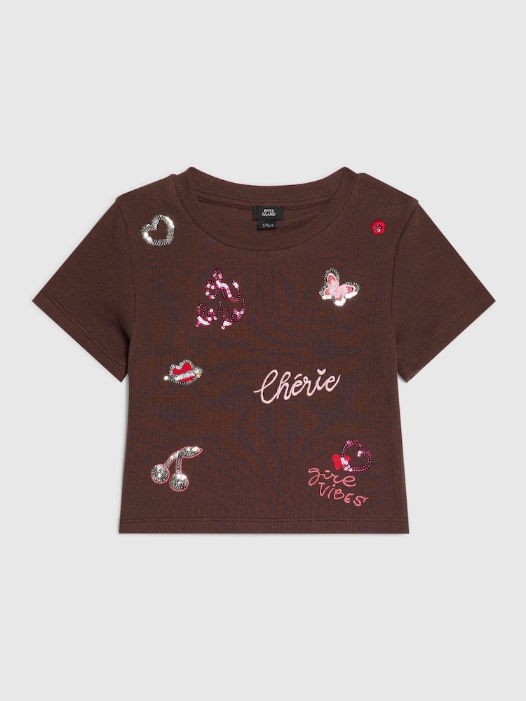River Island Brown Sequin Embroidered T-Shirt - Image 1 of 4