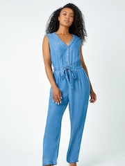Roman Blue Petite Stretch Denim Pocket Jumpsuit - Image 1 of 5