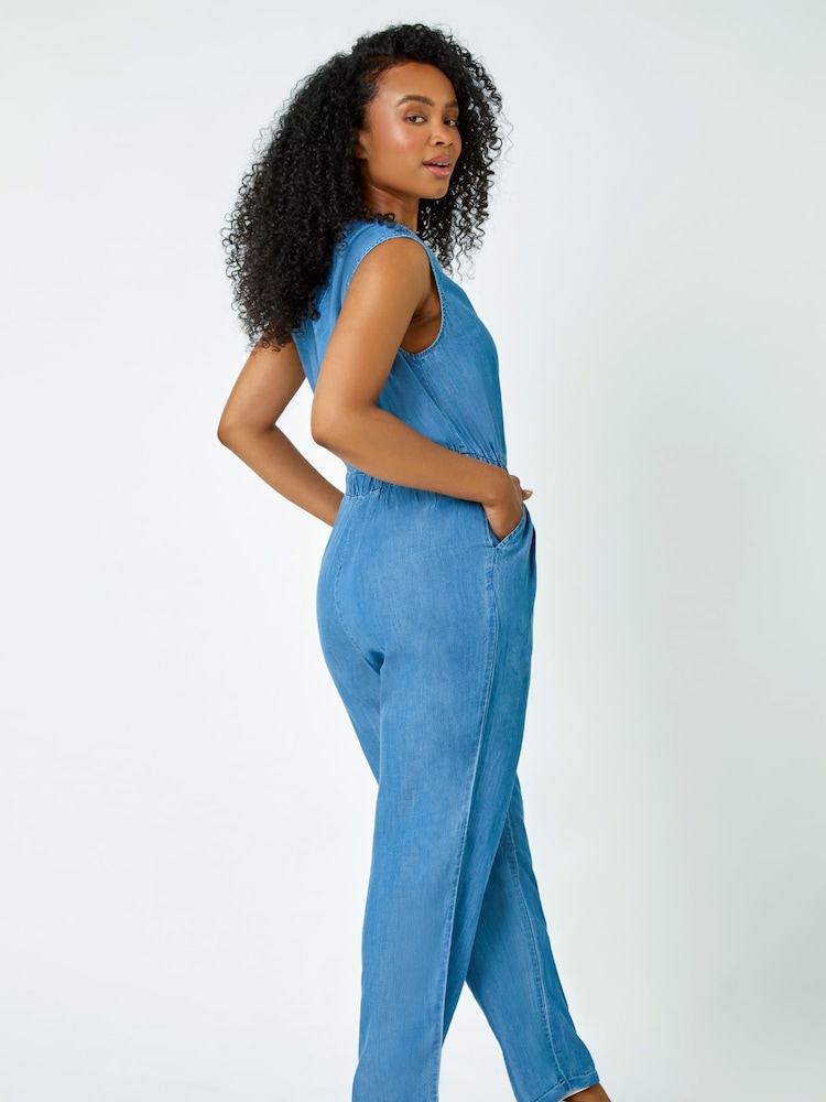 Roman Blue Petite Stretch Denim Pocket Jumpsuit - Image 2 of 5