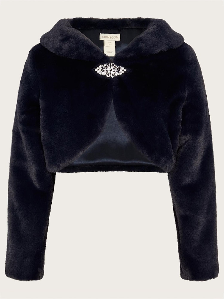 Monsoon Blue Long Sleeve Faux Fur Shrug Cardigan - Image 1 of 2