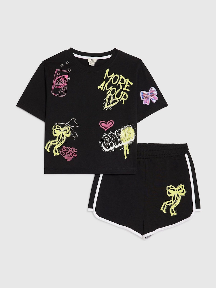 River Island Black Neon Graffiti Top & Short Set - Image 1 of 4 River Island Black Neon Graffiti Top & Short Set - Image 1 of 4
