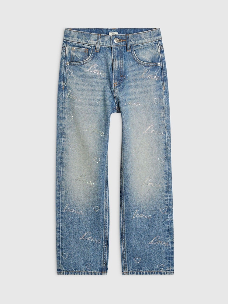 River Island Blue Scripty Hotfix Straight Leg Jeans - Image 1 of 4