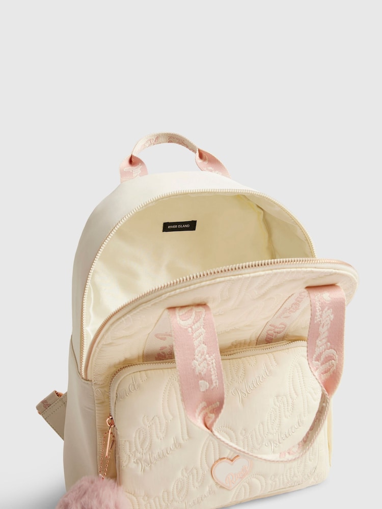 River Island Cream Logo Heart Nylon School Backpack - Image 5 of 5