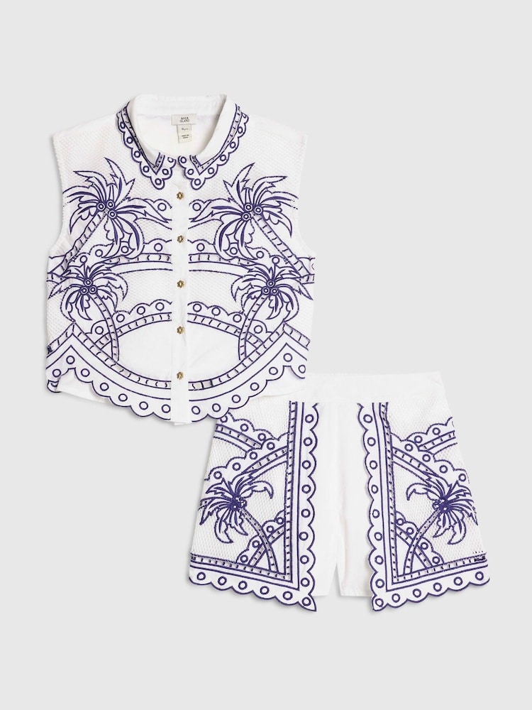 Blanco/azul - Conjunto de camisa y pantalones cortos con aberturas y estampado de palmeras de River Island - Imagen 1 de 5 Blanco/azul - Conjunto de camisa y pantalones cortos con aberturas y estampado de palmeras de River Island - Imagen 1 de 5