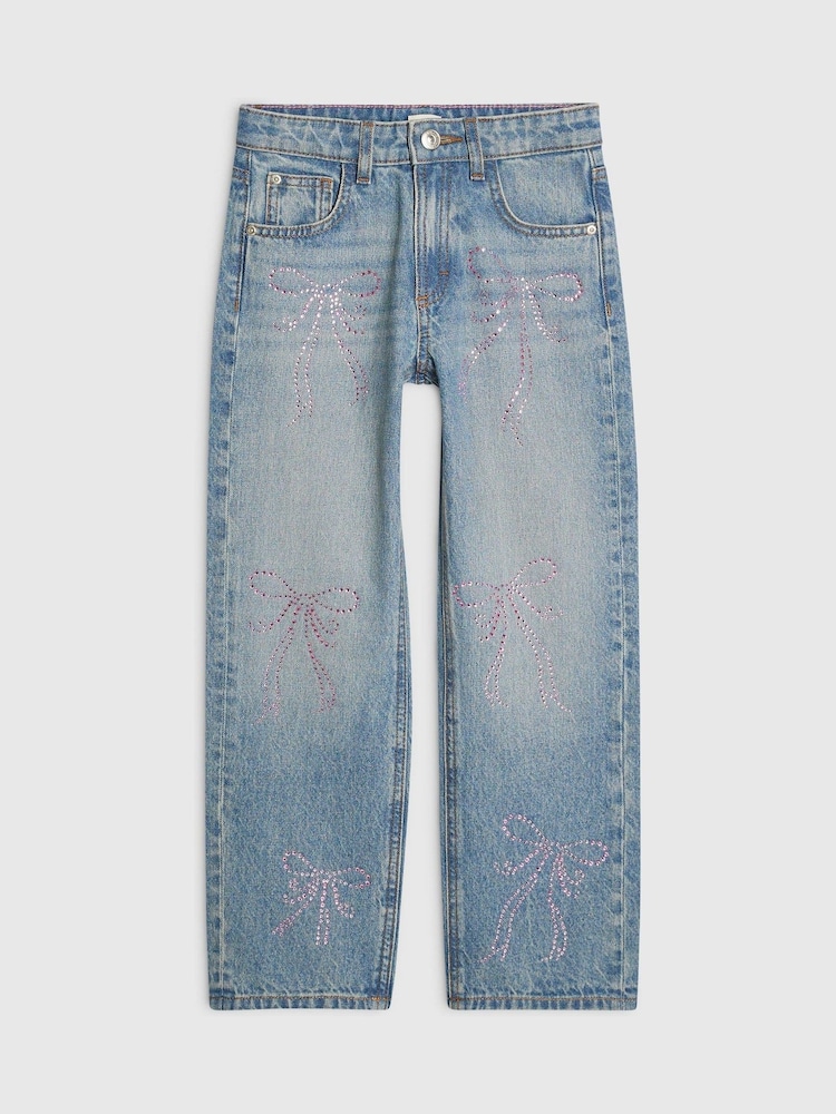 River Island Blue Bow Hotfix Straight Leg Jeans - Image 1 of 4 River Island Blue Bow Hotfix Straight Leg Jeans - Image 1 of 4