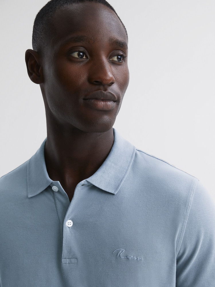 Reiss Soft Blue Peters Slim Fit Garment Dyed Embroidered Polo Shirt - Image 1 of 5