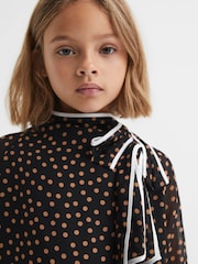 Reiss Black Kate 9-13 yrs Polka Dot Tie Neck Mini Dress - Image 3 of 6