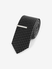 Black/Silver Slim Pattern Tie And Tie Clip - Image 1 of 3