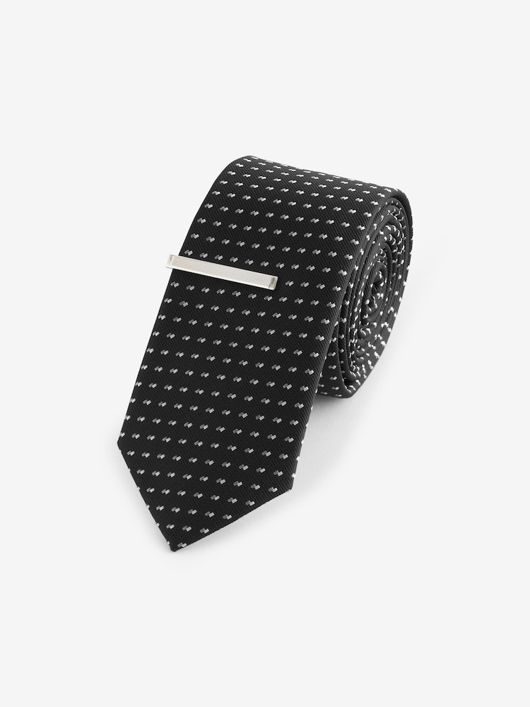 Black/Silver Slim Pattern Tie And Tie Clip - Image 1 of 3