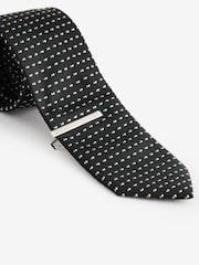 Black/Silver Slim Pattern Tie And Tie Clip - Image 2 of 3