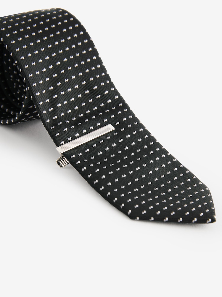 Black/Silver Slim Pattern Tie And Tie Clip - Image 2 of 3