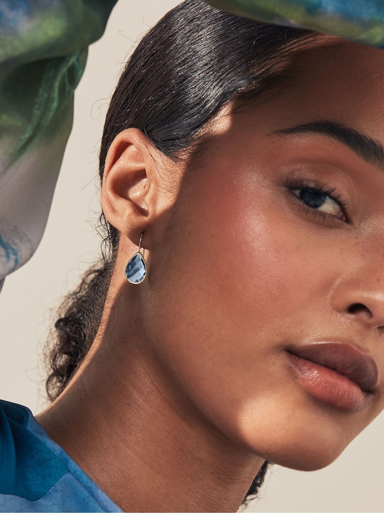 Gold Tone Teardrop Blue Stone Earrings - Image 1 of 4