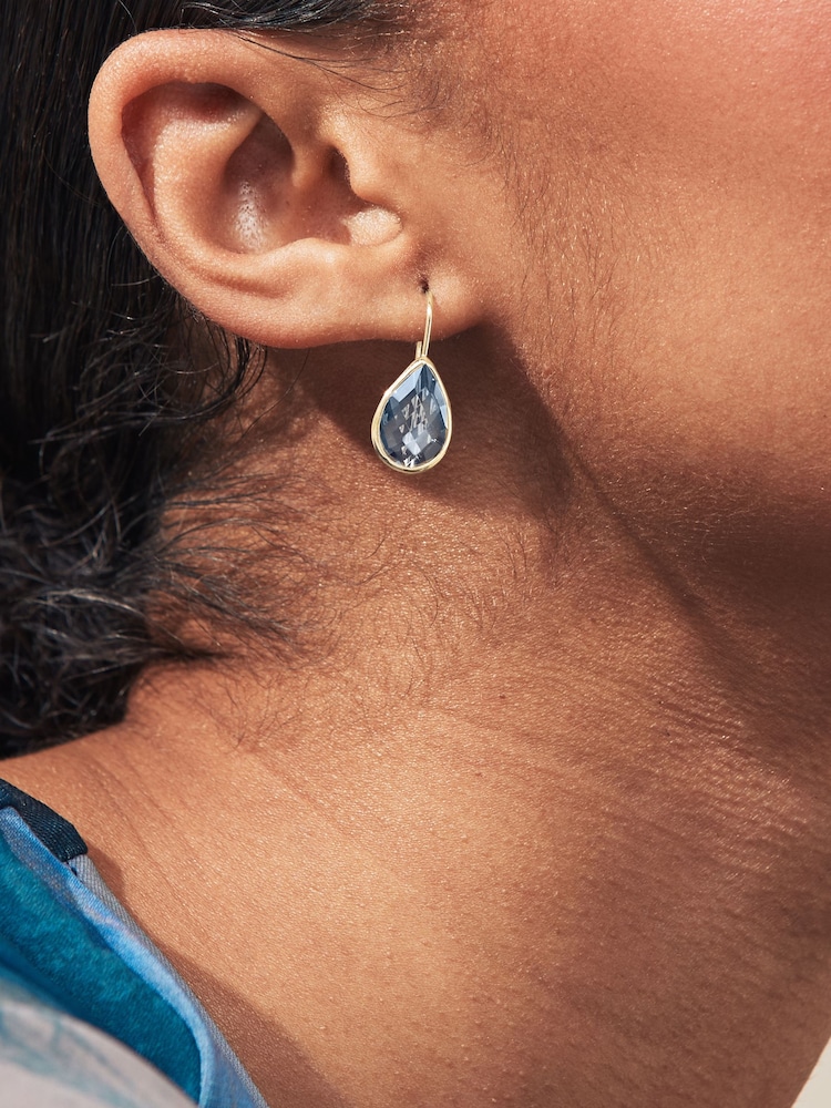 Gold Tone Teardrop Blue Stone Earrings - Image 2 of 4