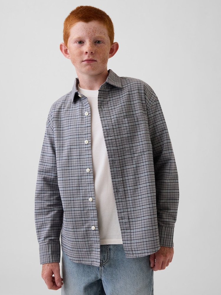 Gap Grey Relaxed Plaid Oxford Shirt (4-13yrs) - Image 1 of 5