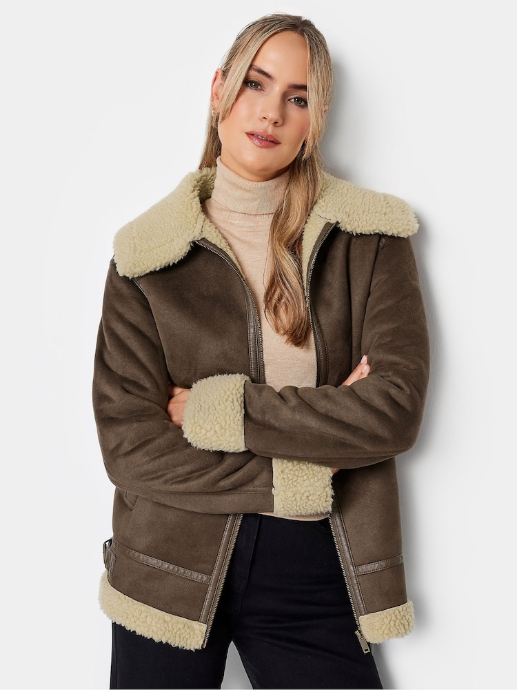 Long Tall Sally Brown Zip Up Borg Jacket - Image 1 of 4