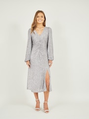 Yumi Silver Sequin Ruched Front Long Sleeve Midi Dress - Image 1 of 4