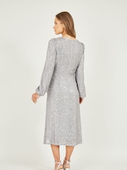 Yumi Silver Sequin Ruched Front Long Sleeve Midi Dress - Image 2 of 4