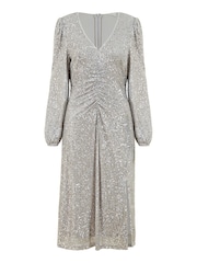 Yumi Silver Sequin Ruched Front Long Sleeve Midi Dress - Image 4 of 4