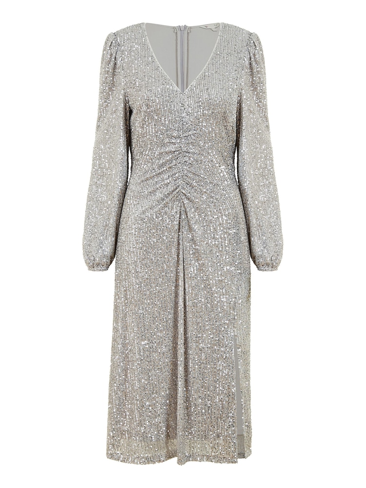 Yumi Silver Sequin Ruched Front Long Sleeve Midi Dress - Image 4 of 4