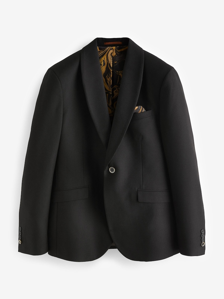 Black/Gold Skinny Fit Textured Tuxedo Suit Jacket - Image 7 of 11