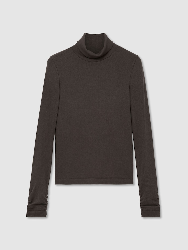 Reiss Chocolate Brown Ayla Rib-Knit Roll-Neck Top - Image 2 of 7